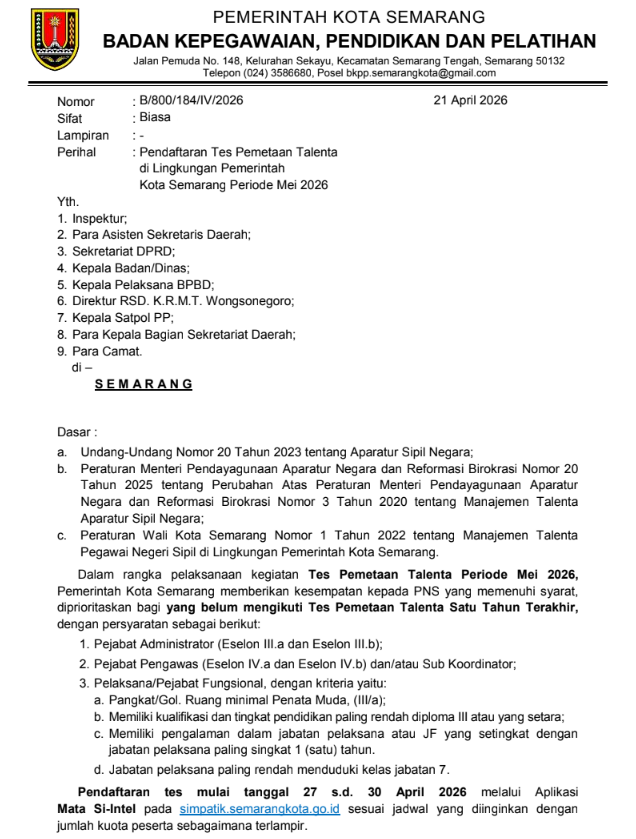 Pendaftaran Tes Pemetaan Talenta di Lingkungan Pemerintah Kota Semarang Periode Mei 2026